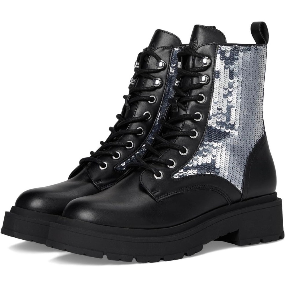 Nine West Black Sequin Combat Boots Lug Sole Lace Up Platform Boots 8M NEW